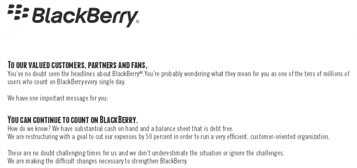BlackBerry with a controversial letter to users